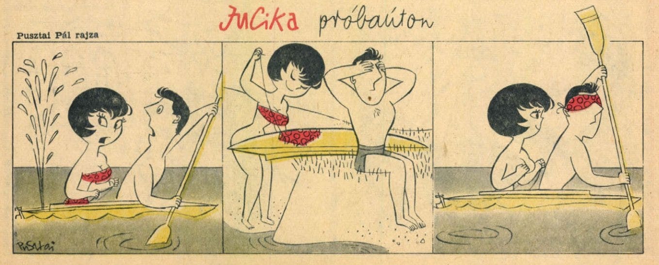 Jucika and her date are kayaking when the boat springs a leak. On shore, she patches it using her bikini bottoms while the man obligingly covers his eyes. They paddle off across the lake—Jucika nude and smiling, her date wearing her bikini top as a blindfold. Jucika and her date are kayaking when the boat springs a leak. On shore, she patches it using her bikini bottoms while the man obligingly covers his eyes. They paddle off across the lake—Jucika nude and smiling, her date wearing her bikini top as a blindfold.