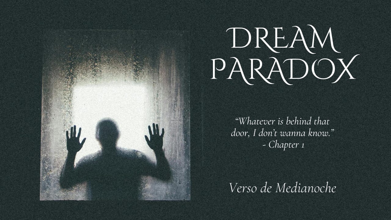 Image shows a man banging on the glass door. Wording: Dream Paradox - “Whatever is behind that door, I don’t wanna know.”  - Chapter 1 - Verso de Medianoche