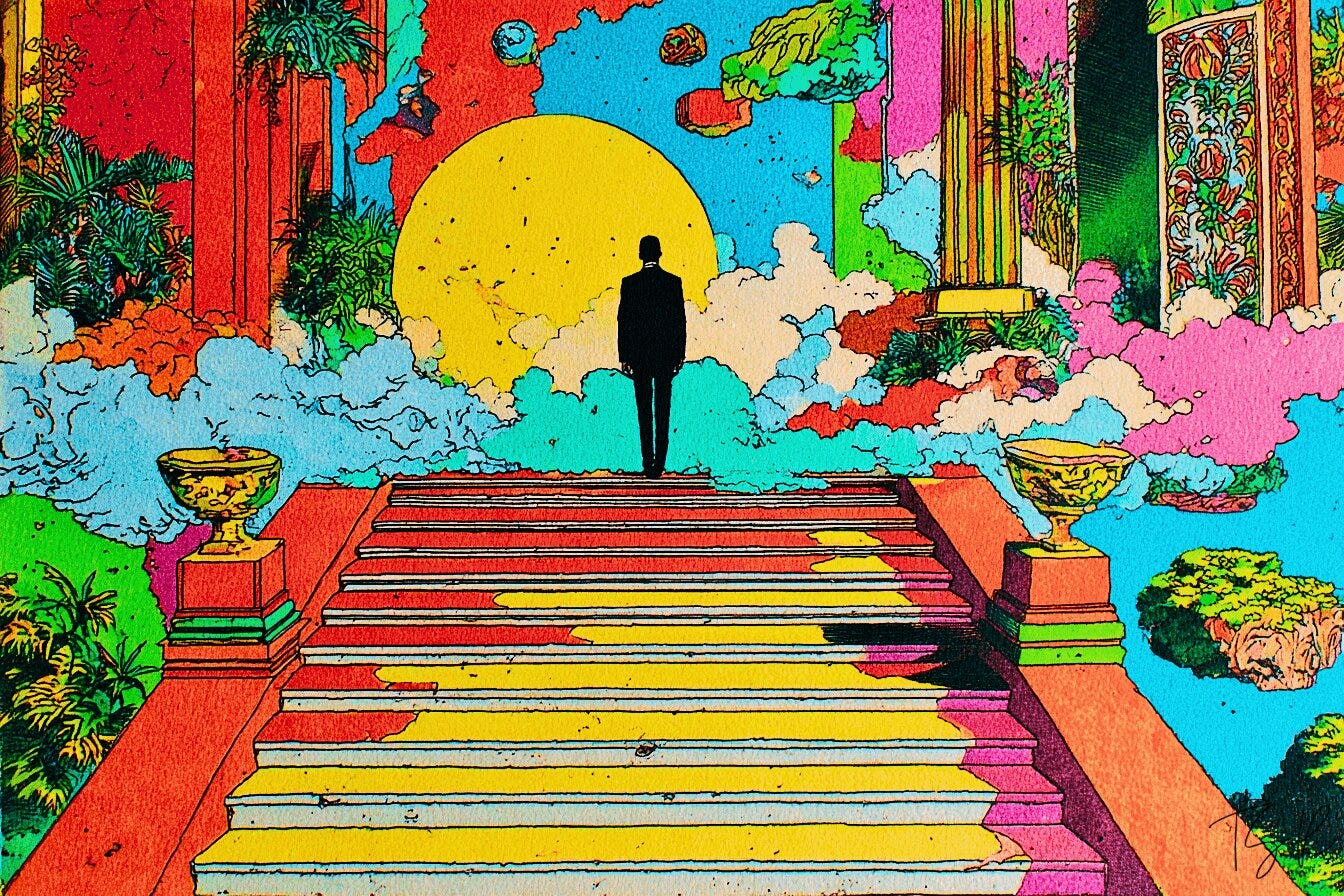 Vivid surreal image of a solitary figure atop a grand staircase, surrounded by ornate architectural shapes and mist, illuminated by rich hues of blue, red, and yellow, evoking the allure and artifice of prestige. Vivid surreal image of a solitary figure atop a grand staircase, surrounded by ornate architectural shapes and mist, illuminated by rich hues of blue, red, and yellow, evoking the allure and artifice of prestige.