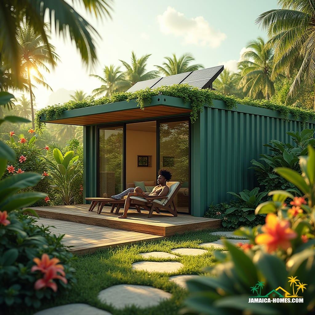 A modern single-story container home in Kingston, Jamaica, surrounded by a vibrant tropical garden with exotic flowers, palms, and lush greenery, blending seamlessly into the Caribbean landscape. The eco-friendly abode features a lush green roof, solar panels, and a sleek, modern electric car parked nearby. A relaxed, mixed-race man with dreadlocks and a warm smile sits in a lounge chair, basking in the serenity of the garden oasis. The scene is bathed in warm, golden sunlight, with vibrant colors and textures reminiscent of a tranquil paradise. Inspired by the works of Ash Thorp, Simon Stalenhag, and Syd Mead, the digital art style is highly realistic, with a cinematic flair, as if shot on 35mm film with a v-raptor XL camera, complete with subtle film grain, vignette, and a meticulously color-graded palette, evoking a sense of epic serenity.