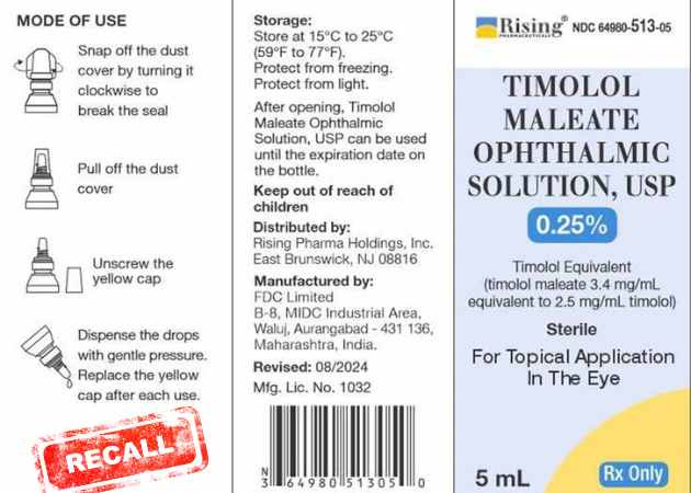 Timolol maleate eye drops for glaucoma under recall by FDC in August 2025