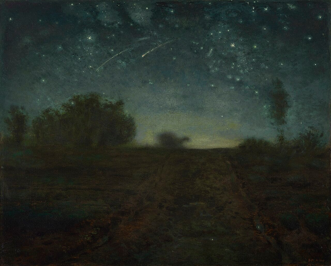 A dark country field under a deep sky scattered with stars and shooting lights A dark country field under a deep sky scattered with stars and shooting lights