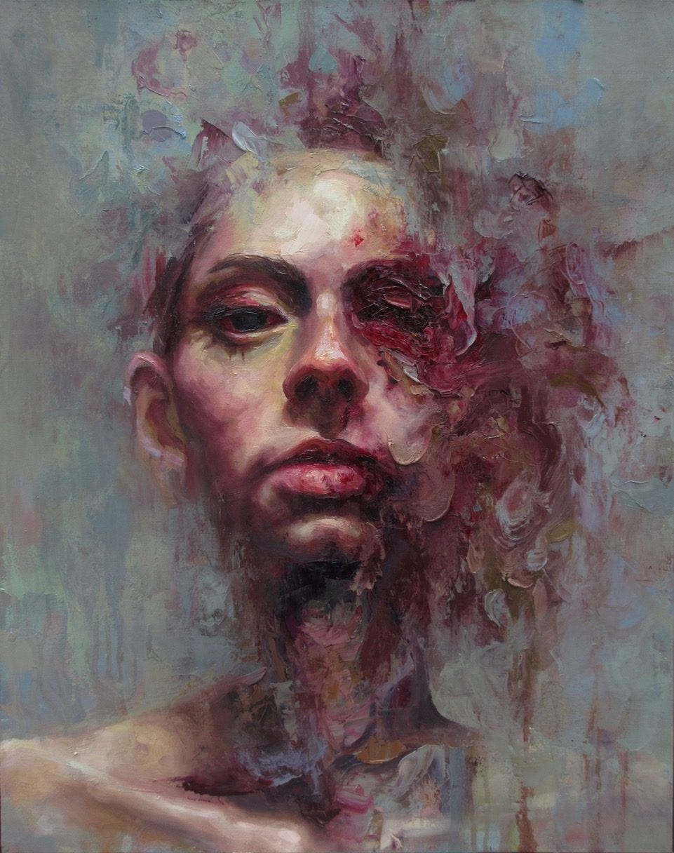 Lurid oil on cavas of a self-portrait, a young person with an austere expression as if gazing at herself in a mirror.