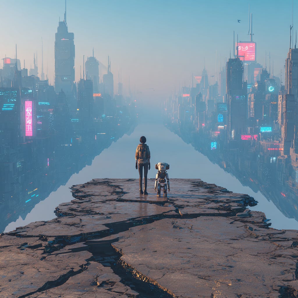 a young woman and a cute robot stand at a broken, crumbling road that abruptly ends in midair