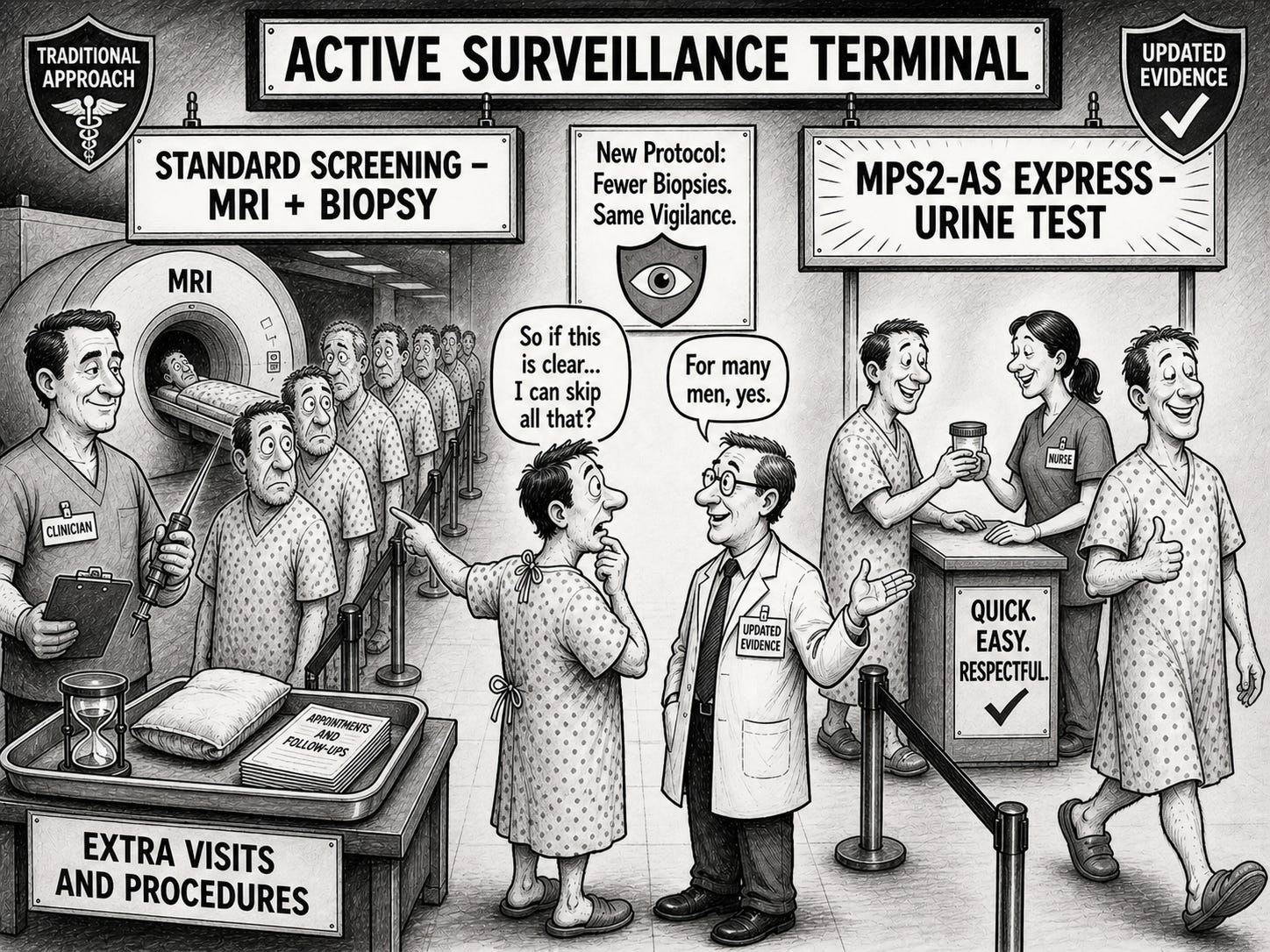 Editorial cartoon of an active surveillance airport terminal with a traditional MRI plus biopsy lane and an MPS2-AS urine test express lane, with a tray labeled Extra Visits and Procedures.