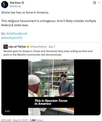 Imam Qasim ibn Ali Khan of Masjid At-Tawhid in Houston's Fifth Ward is targeting Muslim-owned businesses he says are selling pork products, alcohol, and lottery tickets, which the Quran forbids. Although Imam Qasim Khan announced on TikTok in May 2025 that his campaign against the businesses would begin in July, it did not concern anyone outside of the Fifth Ward until August. That's when news of the "Sharia Patrols" in Houston began spreading on x.com and was picked up by mainstream media soon afterward. On September 8, 2025, Texas Senator Ted Cruz tagged Governor Greg Abbott & US Attorney General Pam Biondi on x.com about the growing controversy and said it "likely violates multiple federal & state laws": Imam Qasim ibn Ali Khan of Masjid At-Tawhid in Houston's Fifth Ward is targeting Muslim-owned businesses he says are selling pork products, alcohol, and lottery tickets, which the Quran forbids. Although Imam Qasim Khan announced on TikTok in May 2025 that his campaign against the businesses would begin in July, it did not concern anyone outside of the Fifth Ward until August. That's when news of the "Sharia Patrols" in Houston began spreading on x.com and was picked up by mainstream media soon afterward. On September 8, 2025, Texas Senator Ted Cruz tagged Governor Greg Abbott & US Attorney General Pam Biondi on x.com about the growing controversy and said it "likely violates multiple federal & state laws":
