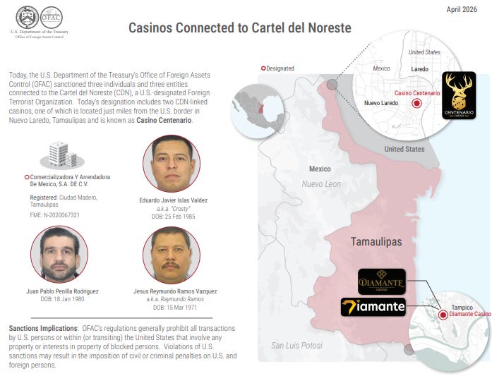 “Casino Centenario,” located just two miles across the border from Laredo, and “Diamante Casino” in Tampico, Mexico, have been sanctioned by the U.S. Treasury Department, which prohibits transactions (like bets) between the casinos & U.S. citizens.