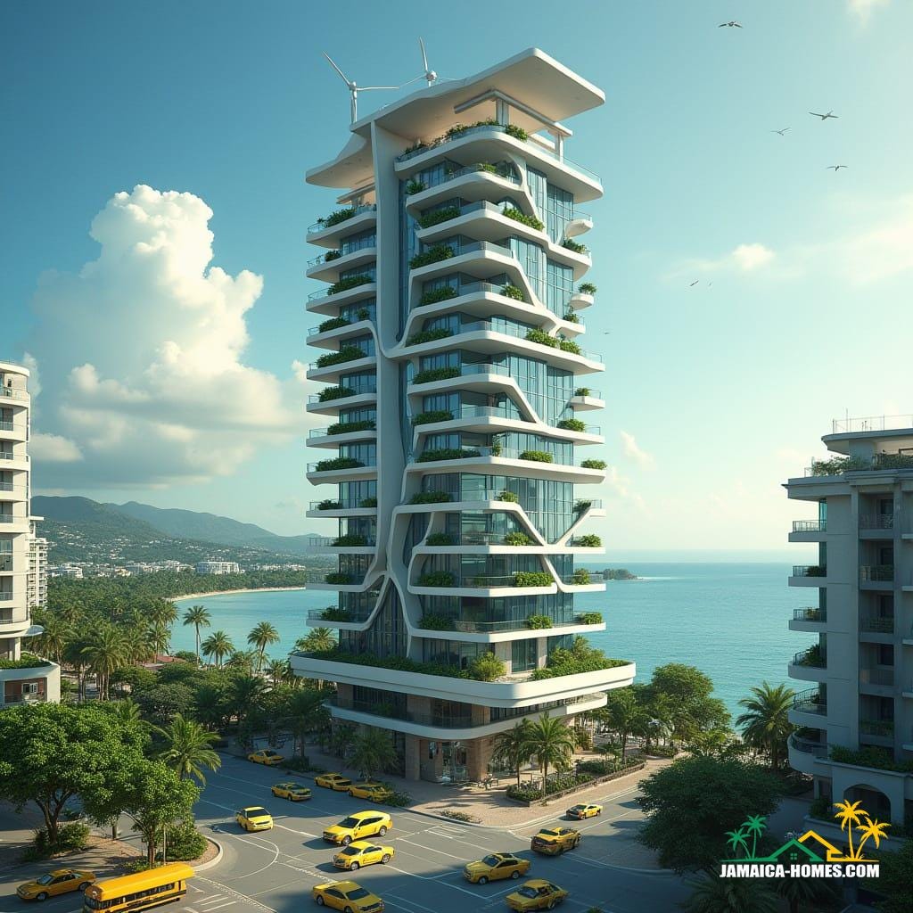 Montego Bay, imagined in 2050: a multi-tower complex pushing the limits of vertical and horizontal living, sky parks and rooftop petrol stations, solar and wind tech integrated into facades