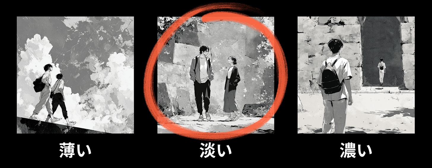 Visual intensity meter for the "Subtext" category in the Graphic Review of the manga “Flip Flip Slowly.” This image represents the awai level, signaling the middle point or moderate intensity/depth for this category.