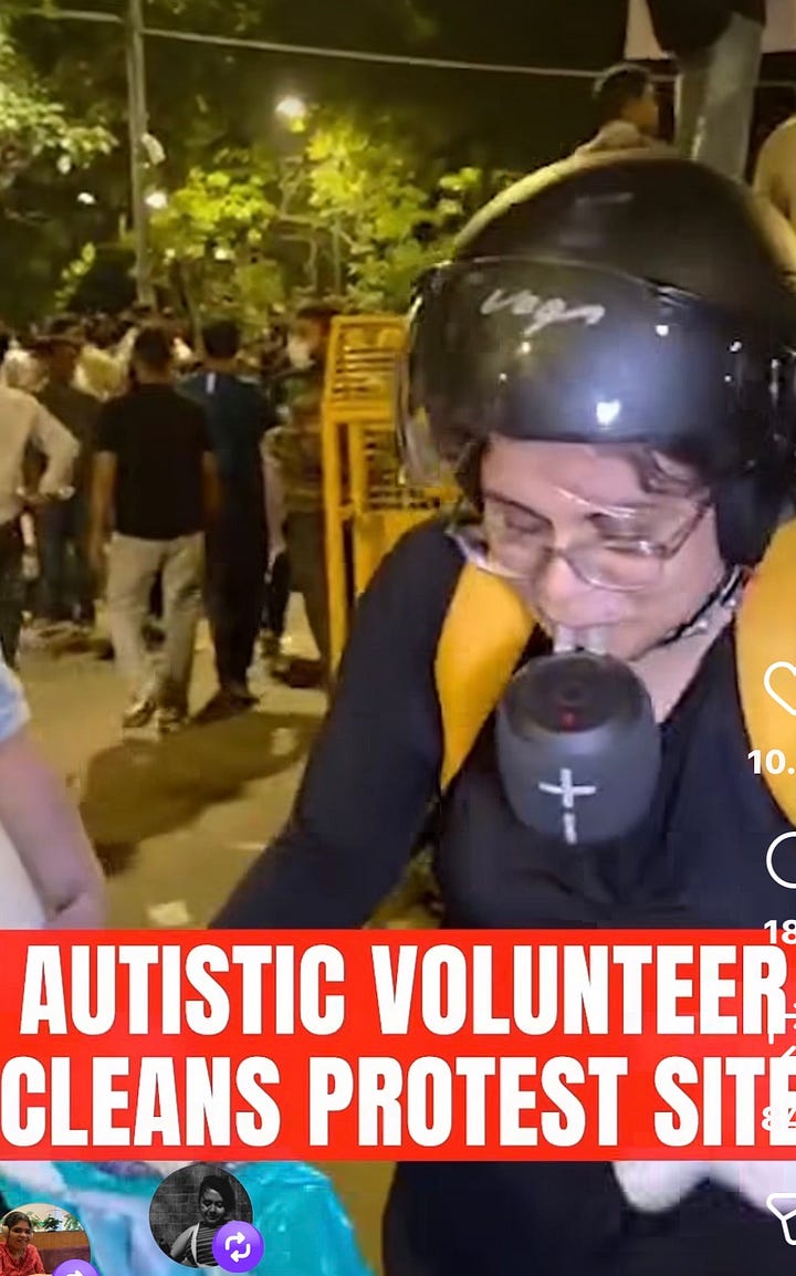 a gallery of 4, first one with a wheelchair user, second with an autistic woman weraing a helmet and headphones, third with a Deaf student and the fourth with a wheelchair user. All are communicating with reporters.