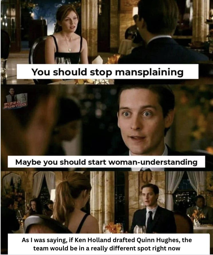 Mary Jane Watson saying "maybe you should stop mansplaining" and Peter Parker responding "maybe you should start woman understanding" before going into a rant about Quinn Hughes Mary Jane Watson saying "maybe you should stop mansplaining" and Peter Parker responding "maybe you should start woman understanding" before going into a rant about Quinn Hughes
