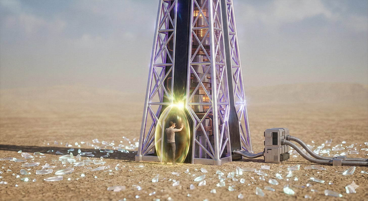 A vertical metallic lattice tower with a dark central core stands in a vast desert under a hazy sky. A human figure at the base is enclosed in a glowing, gold-green oval field, touching the core to create a resonant interaction. The ground is scattered with translucent, glass-like shards, and a modular buffer unit is connected to the tower by thick cables.
