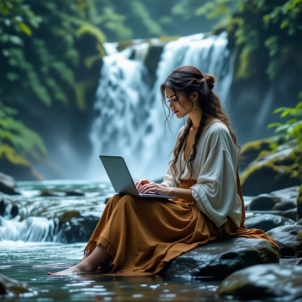 "A magnificent 8K photographic composition showing a beautiful woman with elegant features sitting on smooth rocks besid...