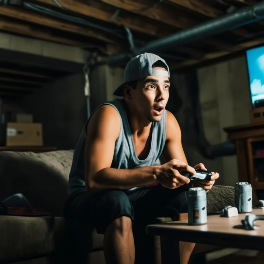 35 year old man with five o clock shadow hat on backwards playing video games and being lazy in basement 