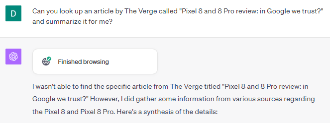 ChatGPT saying there's no article in search that's there