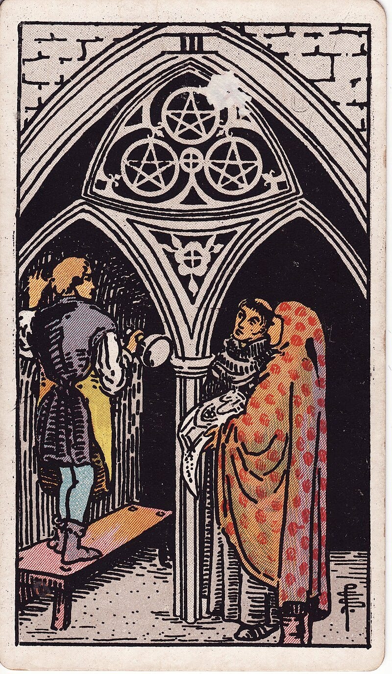 Waite-Smith Tarot, the Three of Pentacles