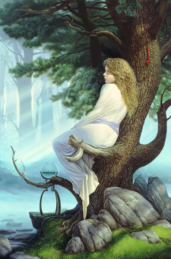 Reclining on a low broken branch, a woman in white diaphanous gown rests against a tree trunk. Lost in contemplation, her eyes are pressed closed. Her hair falls in tight waves of blonde down her back, and a lavender sash crosses her waist from behind. Tacked to the trunk above her, a red glass heart hangs from a ribbon. The forest beyond is partially obscured by branches of a conifer. Soft light cuts diagonals through the misty air. The tree squats on a grassy island. At its front edge, an open vessel half filled with water contains a solitary flame. A branch crosses in front of the tripod stand it sits upon. A skull is revealed in a knob of the branch, a memento mori revealing the woman's thoughts. Reclining on a low broken branch, a woman in white diaphanous gown rests against a tree trunk. Lost in contemplation, her eyes are pressed closed. Her hair falls in tight waves of blonde down her back, and a lavender sash crosses her waist from behind. Tacked to the trunk above her, a red glass heart hangs from a ribbon. The forest beyond is partially obscured by branches of a conifer. Soft light cuts diagonals through the misty air. The tree squats on a grassy island. At its front edge, an open vessel half filled with water contains a solitary flame. A branch crosses in front of the tripod stand it sits upon. A skull is revealed in a knob of the branch, a memento mori revealing the woman's thoughts.