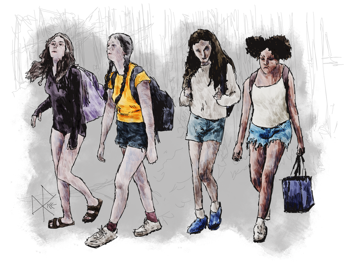 Lightly loaded with gear and food to enjoy their day out at a beach, four teen girls hike down a trail. Sketch art by Don Rice. Lightly loaded with gear and food to enjoy their day out at a beach, four teen girls hike down a trail. Sketch art by Don Rice.