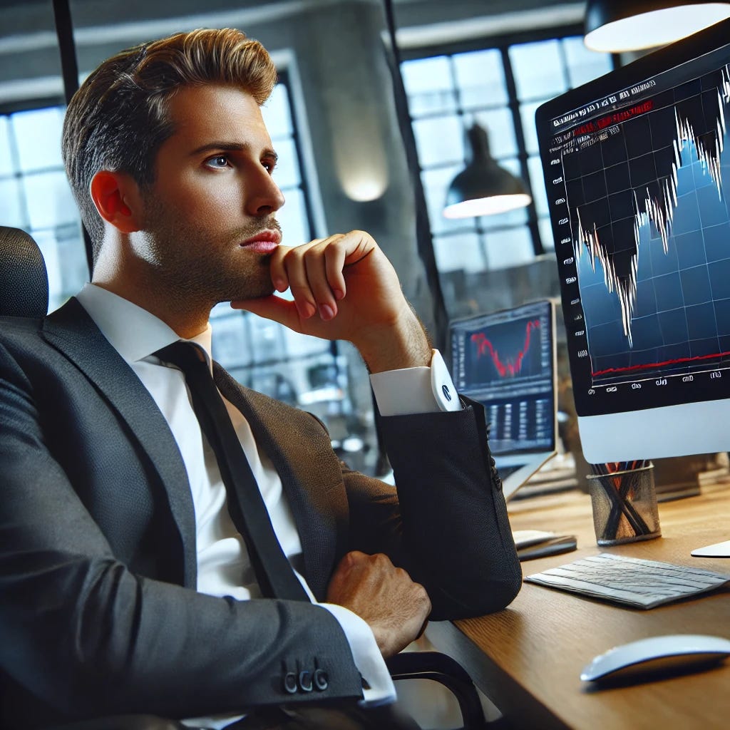 A day trader sitting at a desk in a more formal and professional office setting, looking at a computer screen with a calm yet slightly surprised expression after seeing a disappointing Consumer Price Index (CPI) reading. The trader's chin is resting on their hand, with a composed and thoughtful demeanor, mouth closed. The trader is dressed in business attire, surrounded by multiple monitors displaying stock charts and financial news. The office has a sleek, modern design, with a polished desk, a large window showing a cityscape, and a professional atmosphere. The trader evaluates the market data calmly, reflecting quiet surprise without panic.