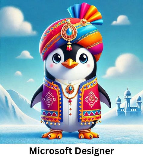 different images of a penguin wearing indian attire.