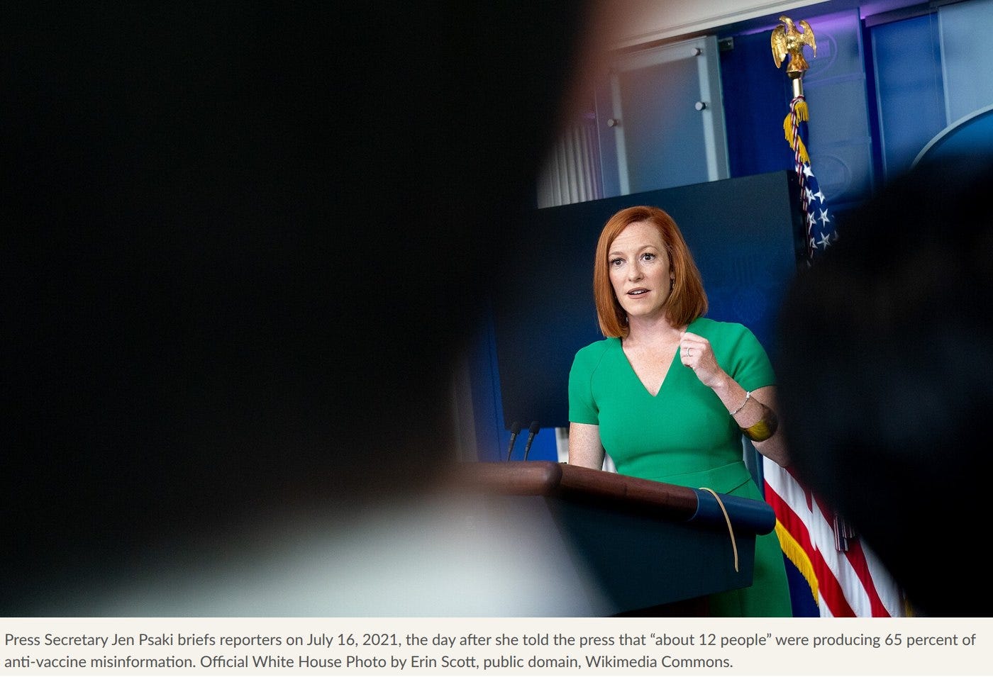 Jen Psaki at the White House briefing on July 16, 2021. Official White House Photo by Erin Scott, public domain, Wikimedia Commons.