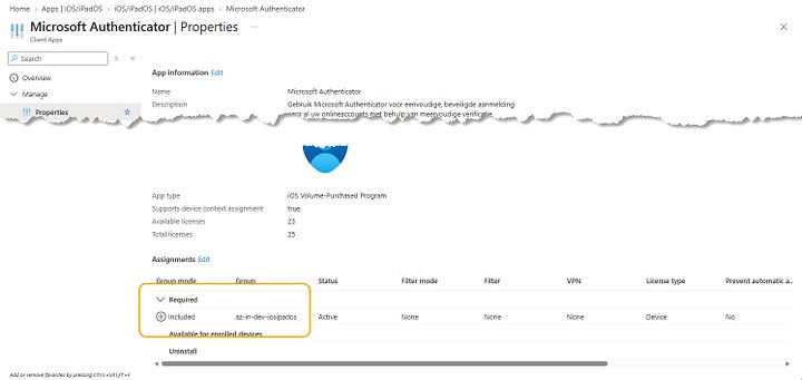 Screenshot of the assignment sheets of the Company Portal and Microsoft Authenticator app, both mandatory, targeting the enrollment timegroup