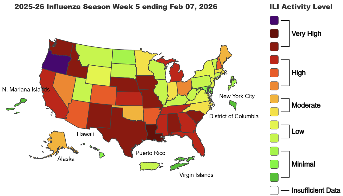 A CDC FluView map of the United States for the week ending February 7, 2026. The map shows influenza-like illness activity levels across the country using a color scale from green to deep purple. Washington state and several Southern states are shaded in dark purple and deep red, indicating "Very High" activity levels. A CDC FluView map of the United States for the week ending February 7, 2026. The map shows influenza-like illness activity levels across the country using a color scale from green to deep purple. Washington state and several Southern states are shaded in dark purple and deep red, indicating "Very High" activity levels.