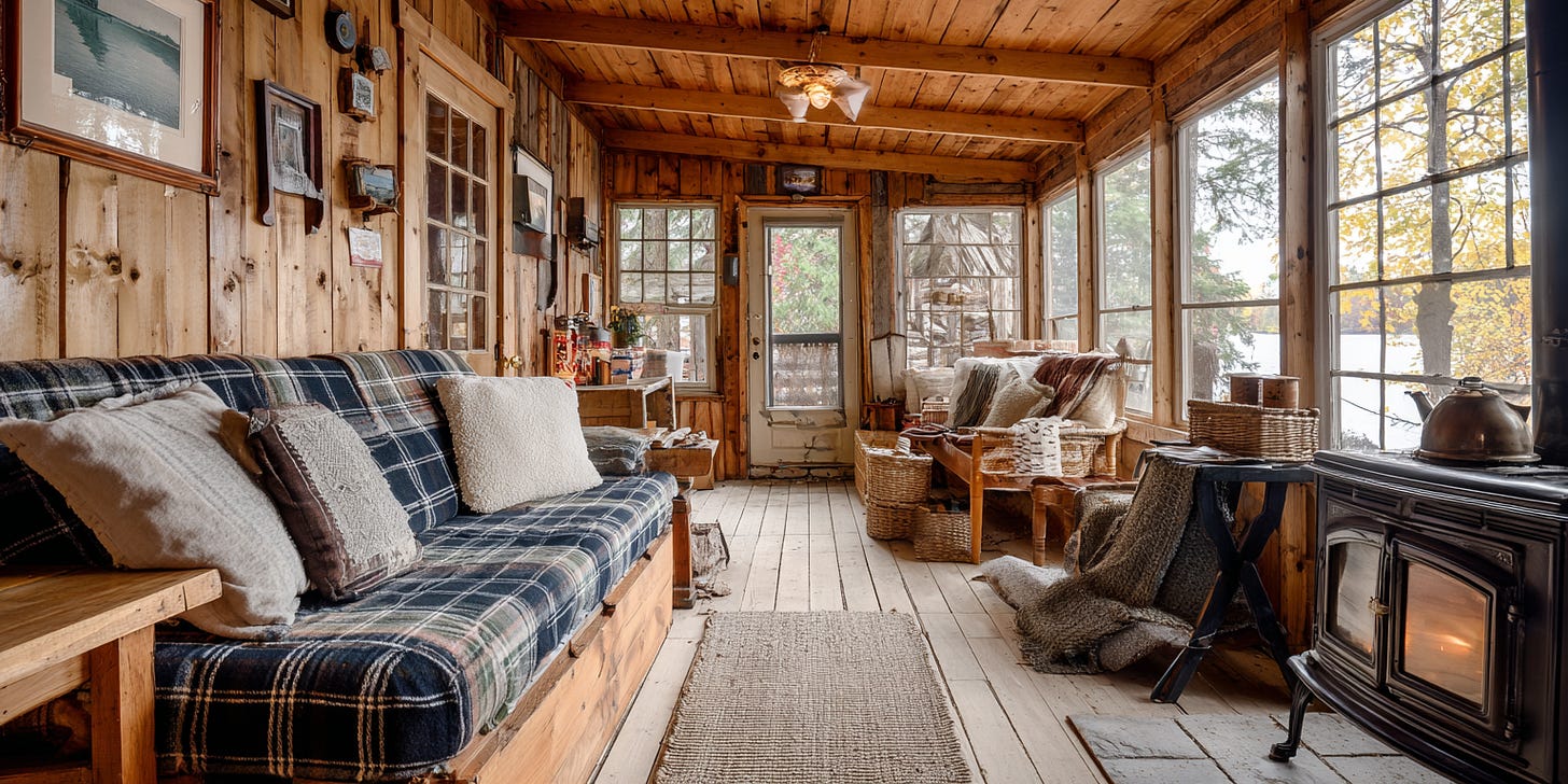 Ontario cottage-style cabin interior with plaid decor, pine walls, and vintage Canadian charm Ontario cottage-style cabin interior with plaid decor, pine walls, and vintage Canadian charm