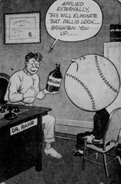 A cartoon comments on "Dr." Rahr's proposed cure for baseball's problems.