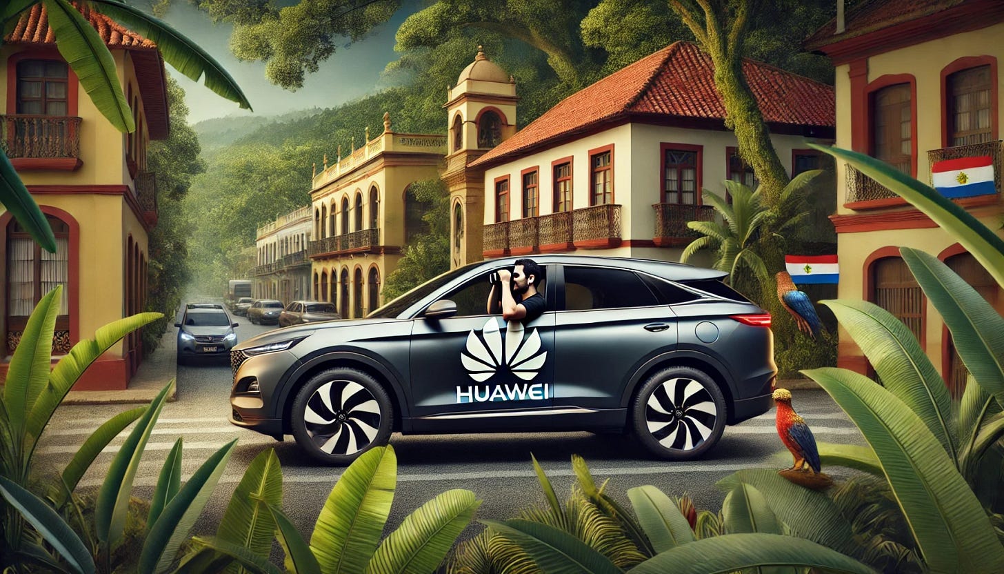A modern car with a sleek design. Inside the car, a man is holding binoculars and looking out through the car window. The car is clean and does not display any logo on the driver's side door. The background features a combination of lush tropical trees and buildings in the architectural style of Paraguay, including red-tiled roofs and colonial-style structures. The scene blends natural greenery with urban elements, creating a unique atmosphere of observation and surveillance in a tropical Paraguayan setting.