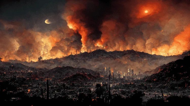 Fire and smoke fills an image of Los Angeles