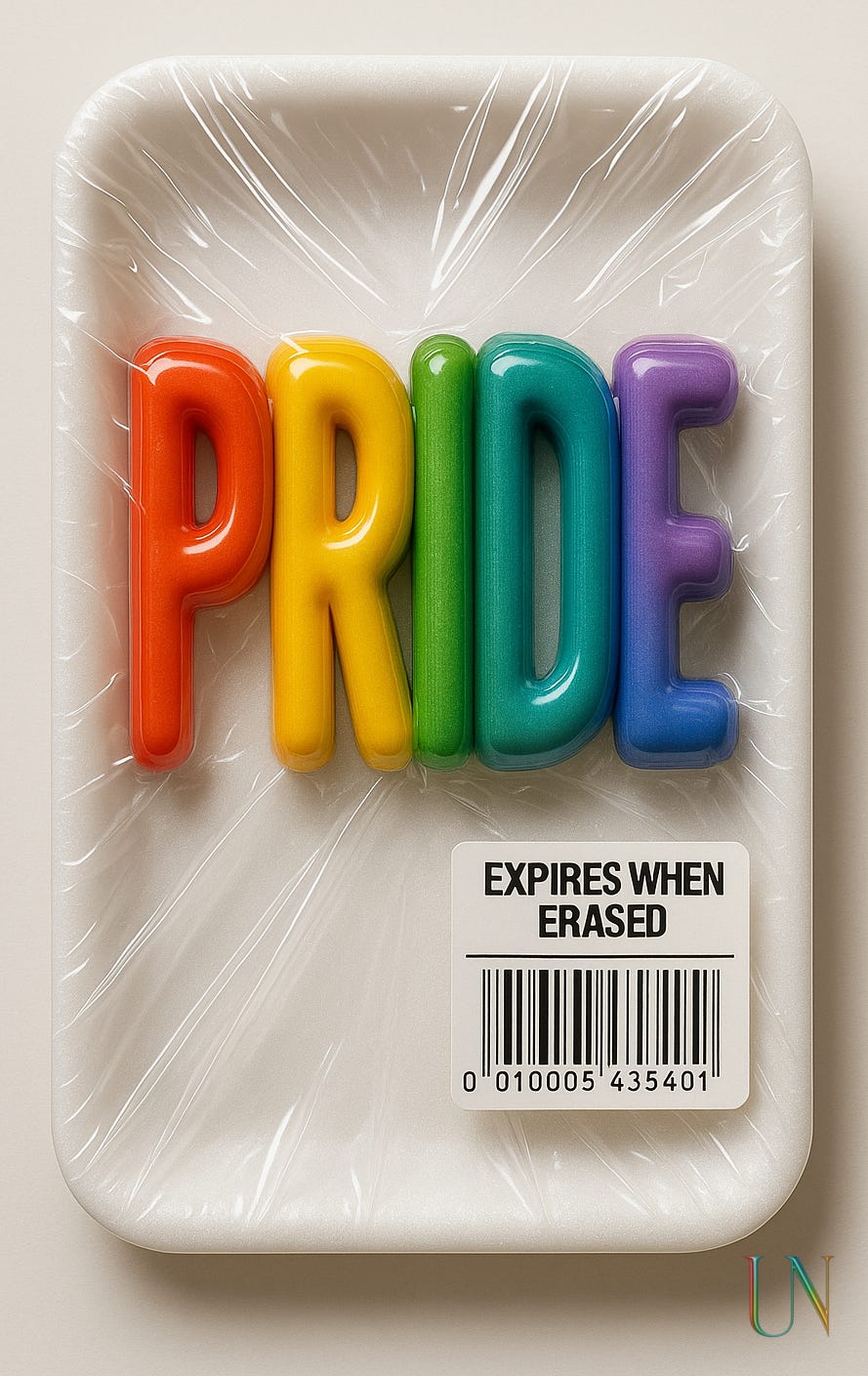 Editorial illustration of a white styrofoam tray vacuum-sealed with the word PRIDE in bright bubble rainbow letters. A barcode and label beneath the pack reads 'EXPIRES WHEN ERASED.' Plastic wrap is tightly stretched across the letters, evoking containment. The image serves as a metaphor for the erasure of LGBTQ identity through censorship and moral panic.