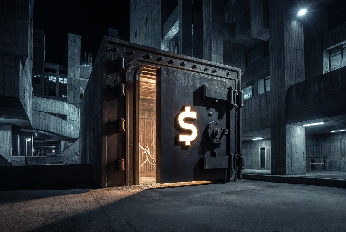 A brutalist concrete vault door at night with a glowing USDC coin embedded in its steel surface, cracked with amber light, evoking institutional power and financial control. A brutalist concrete vault door at night with a glowing USDC coin embedded in its steel surface, cracked with amber light, evoking institutional power and financial control.