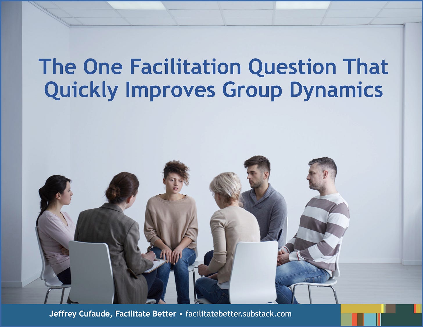 Five casually dressed people sit on chairs in a close circle listening with concern to one woman who appears to be sharing something difficult to say.