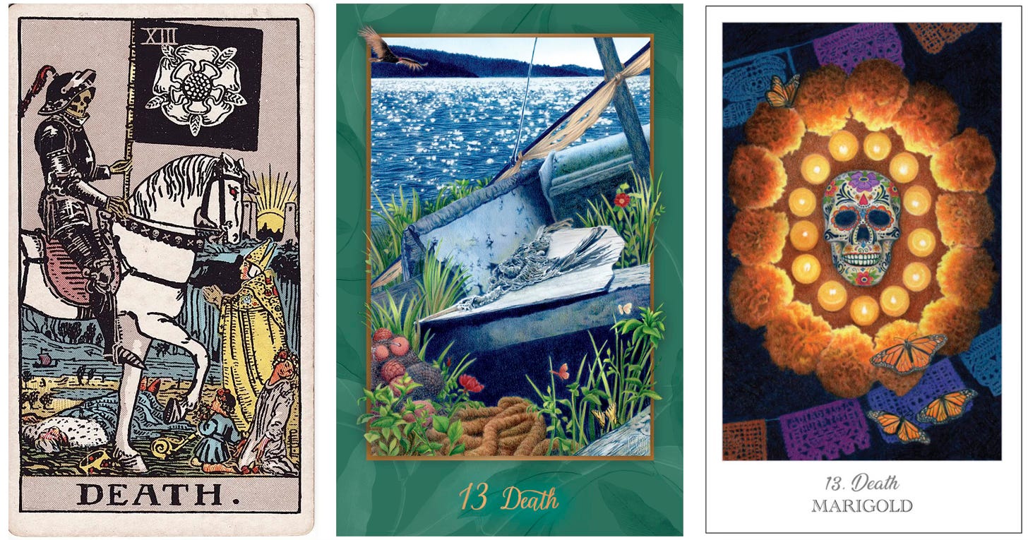 Death, Rider-Waite-Smith deck; Death, Gaian Tarot; Marigold / Death, Herbcrafter’s Tarot.