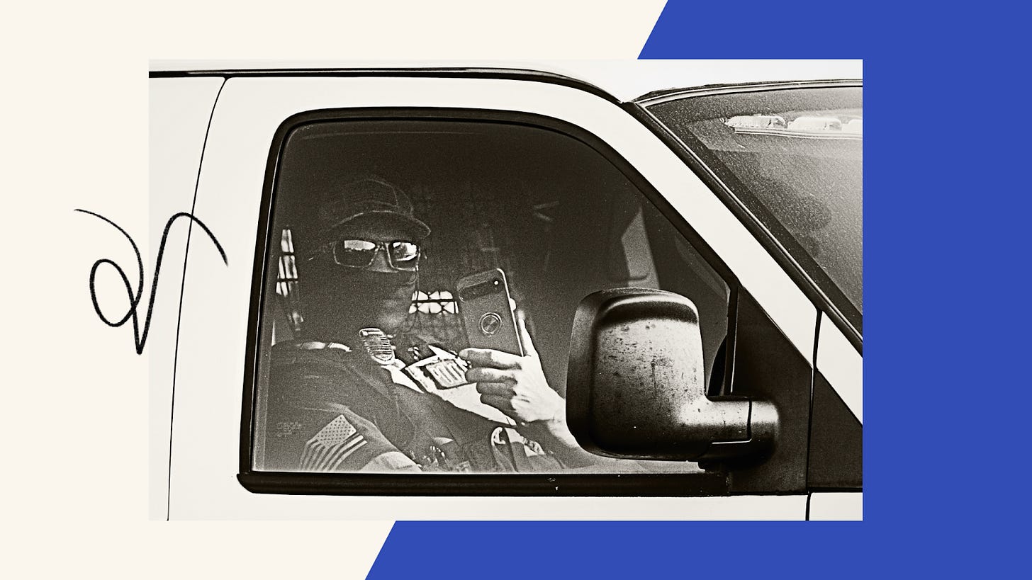 A federal agent records protesters and press with his phone as he drives out of the Broadview ICE Facility driveway. (Chris Riha/ZUMA Press Wire/Shutterstock) A federal agent records protesters and press with his phone as he drives out of the Broadview ICE Facility driveway. (Chris Riha/ZUMA Press Wire/Shutterstock)