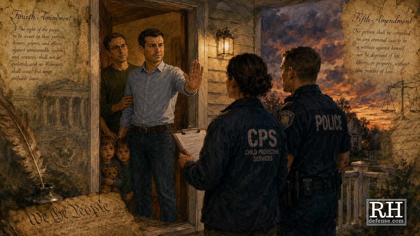 Pete Buttigieg stands at his doorway with his hand raised while his husband, Chasten, and their young twins remain behind him, refusing entry to a police officer and Child Protective Services worker as Fourth and Fifth Amendment text frames the scene.