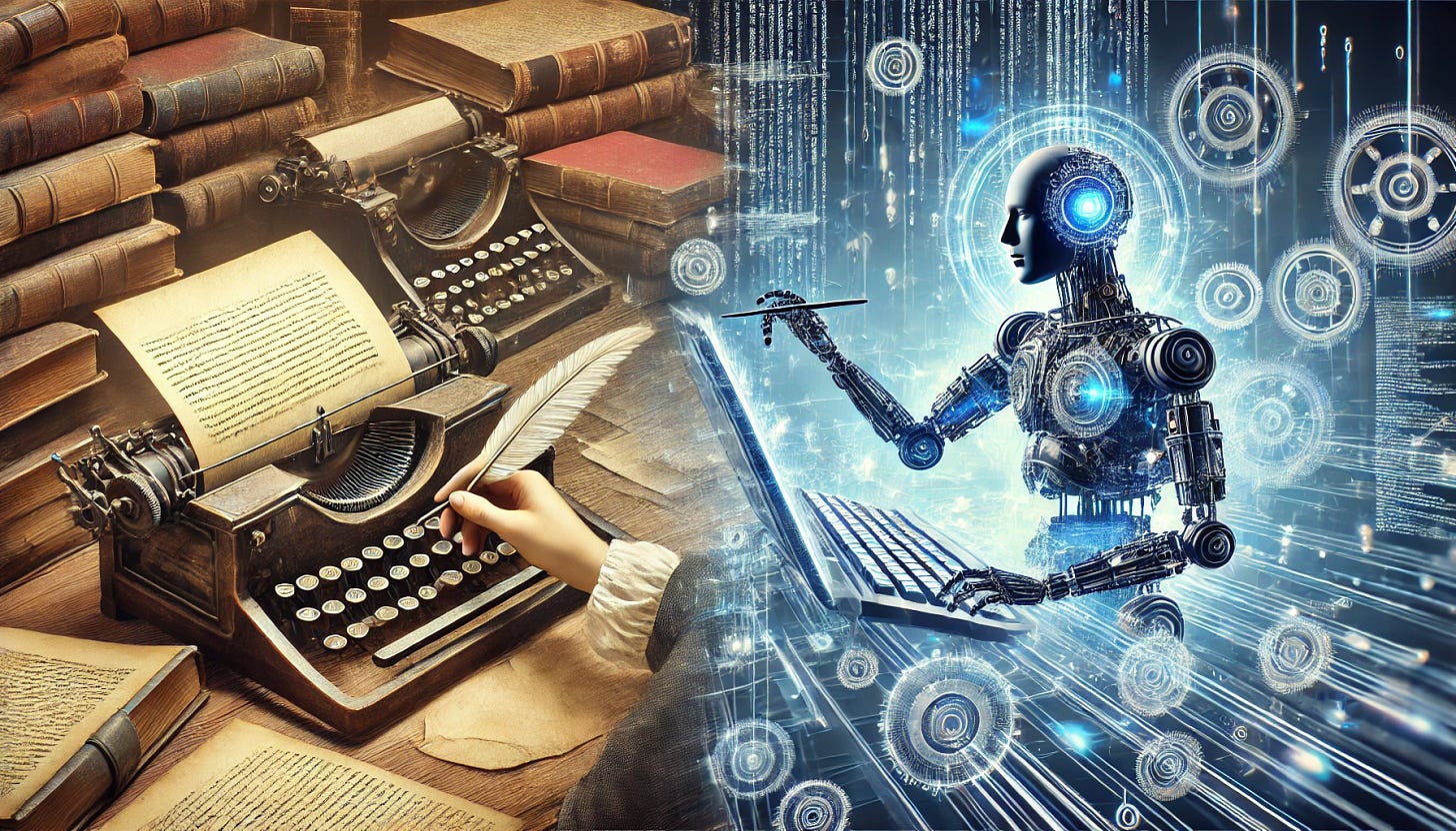 A futuristic scene showing an old-fashioned scribe meticulously writing a manuscript on one side, and on the other, an AI-powered machine generating streams of complex code effortlessly. The image should symbolize the transition from manual writing to automated production, blending historical and futuristic elements.