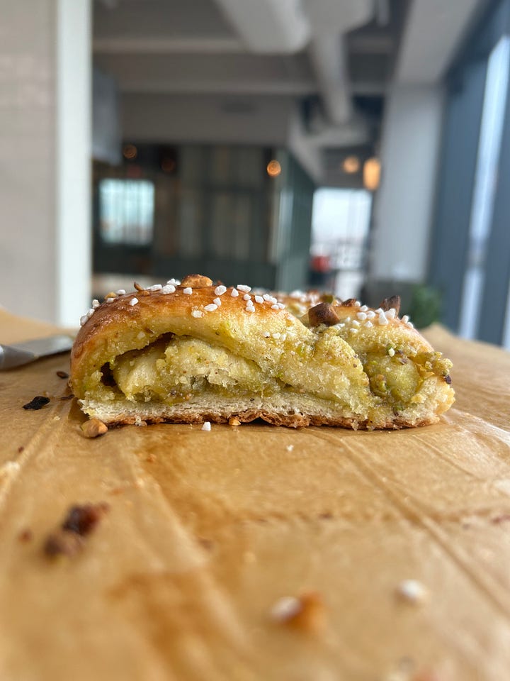 a slice of pistachio braid and an overhead shot of the pistachio braid