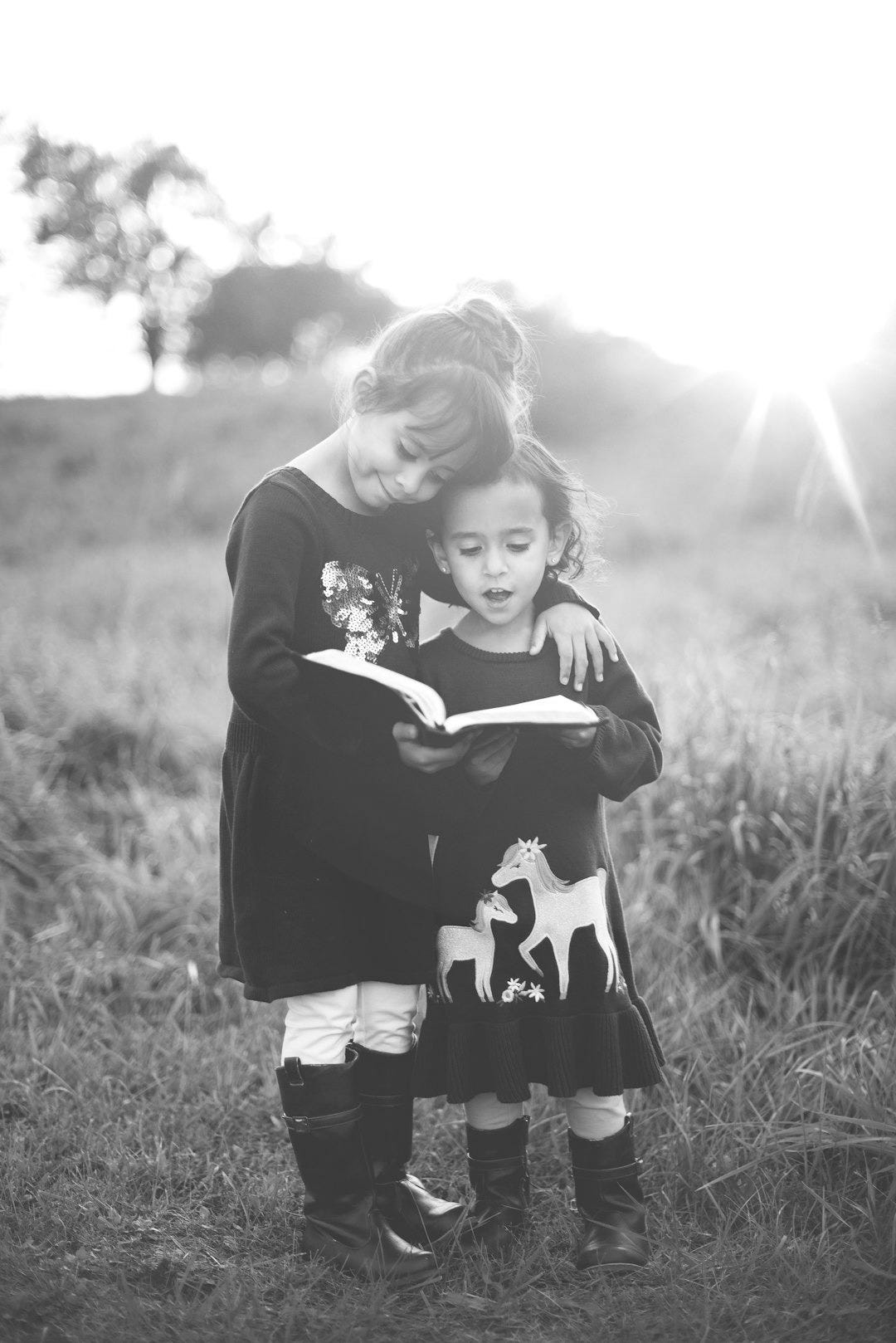 girl's left hand wrap around toddler while reading book during golden hour