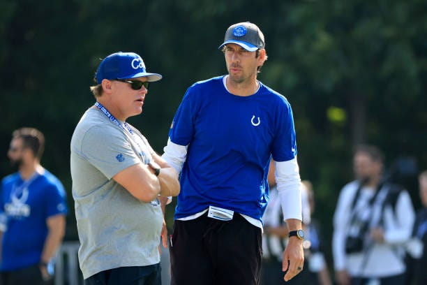 Head coach Shane Steichen of the Indianapolis Colts speaks with General Manager Chris Ballard on the first day of the Indianapolis Colts Training... Head coach Shane Steichen of the Indianapolis Colts speaks with General Manager Chris Ballard on the first day of the Indianapolis Colts Training...