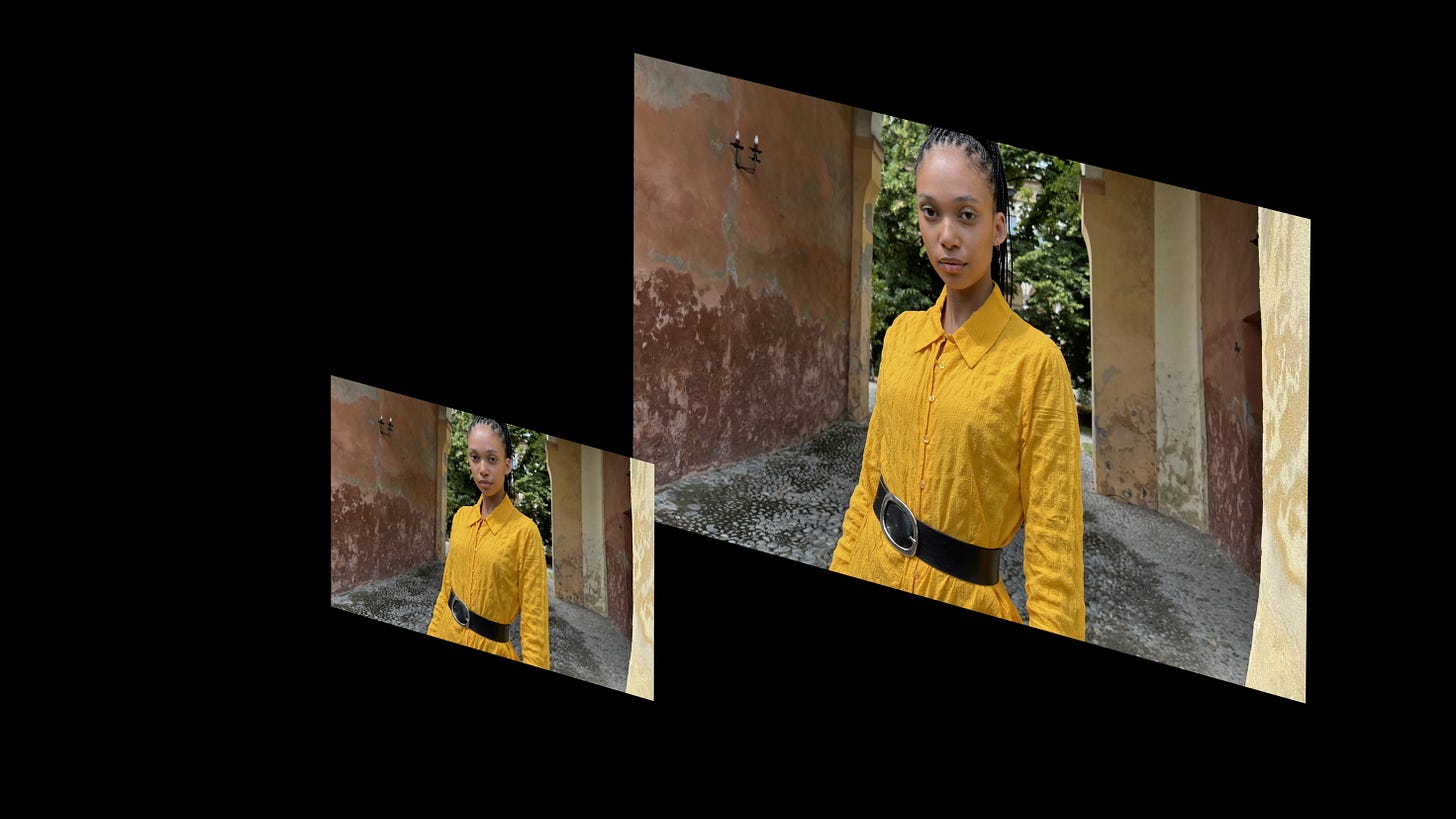 Two rectangles with photos of a woman representing the small and large versions of images that are combined to create a final image.