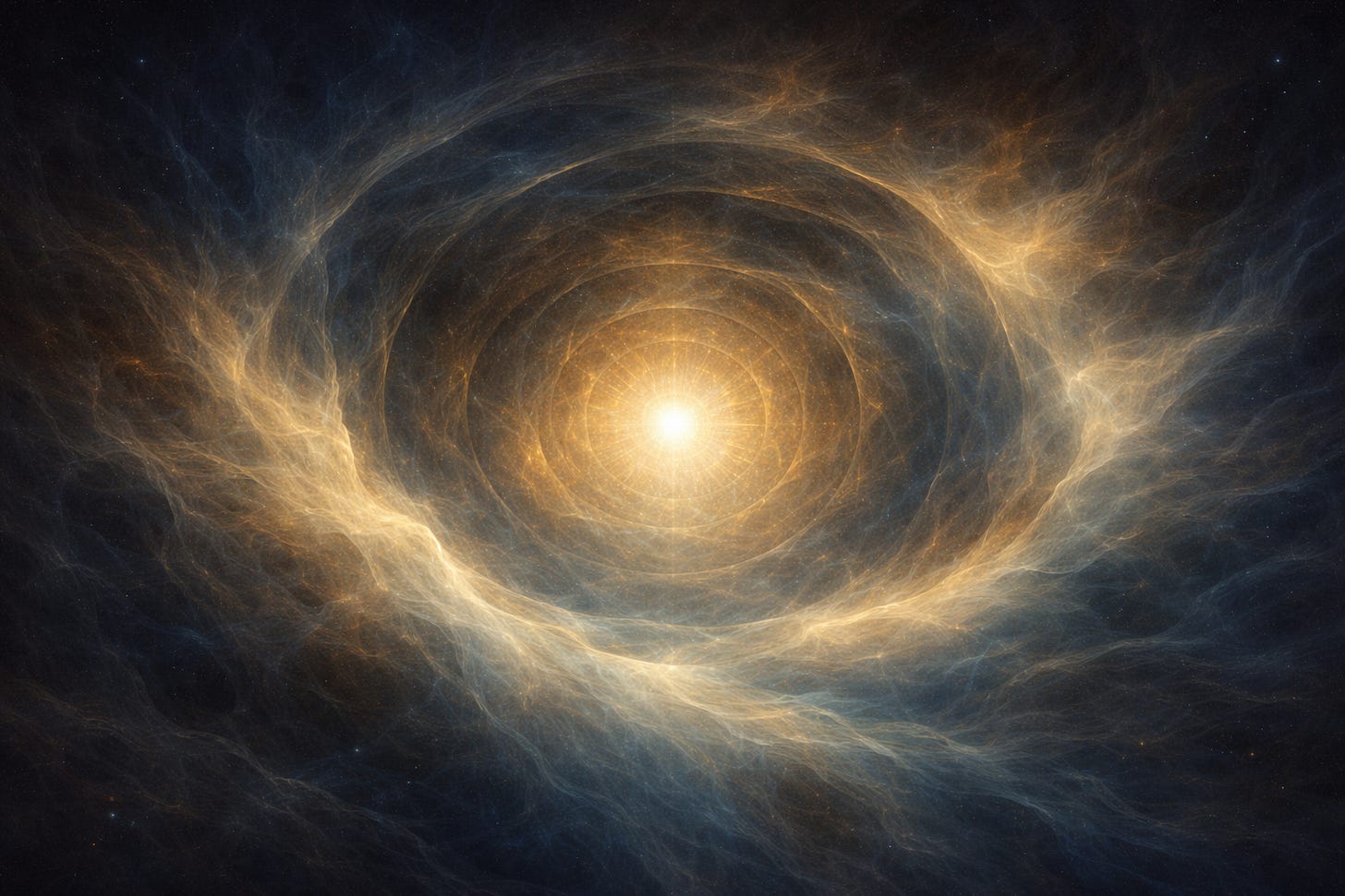 Abstract hand-painted artwork with a luminous gold-white centre opening into layered inner depth, surrounded by flowing indigo, blue-black, and soft gold currents, suggesting reality becoming visible from within.
