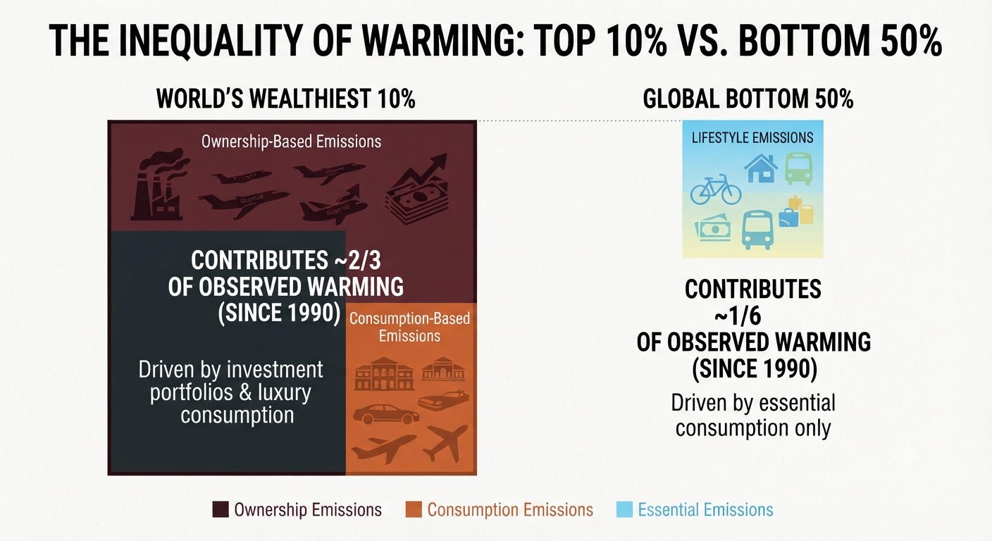 This infographic compares emissions between the world's wealthiest 10 percent and the global bottom 50 percent. It shows the wealthiest group contributes roughly two-thirds of observed warming since 1990 through both investment ownership and luxury consumption, while the bottom half contributes roughly one-sixth through essential daily consumption. This infographic compares emissions between the world's wealthiest 10 percent and the global bottom 50 percent. It shows the wealthiest group contributes roughly two-thirds of observed warming since 1990 through both investment ownership and luxury consumption, while the bottom half contributes roughly one-sixth through essential daily consumption.