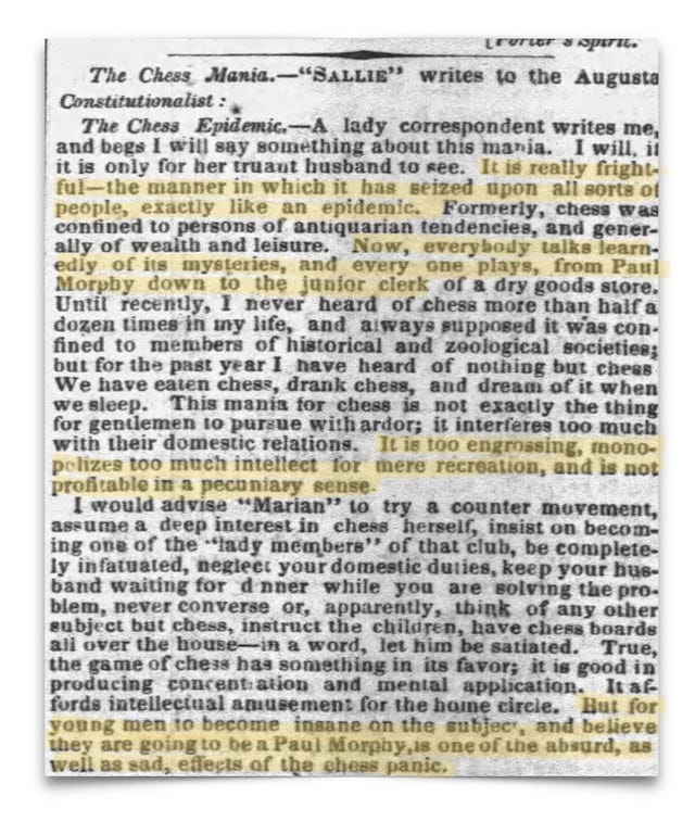 r/chess - Concerned wife asks for advice about husband's newfound chess addiction, during the chess boom caused by Paul Morphy (c. 1850's)