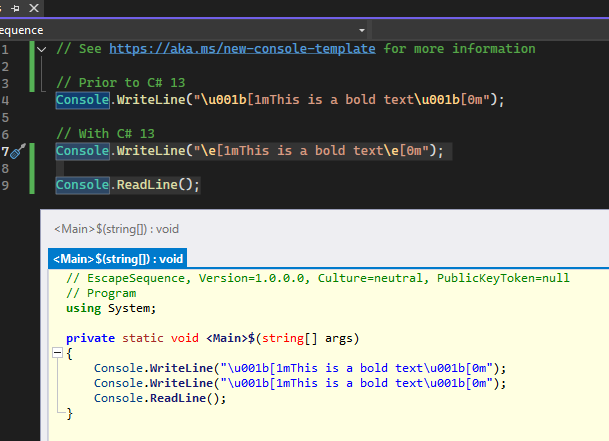 Resultado binario decompilado, New escape sequence