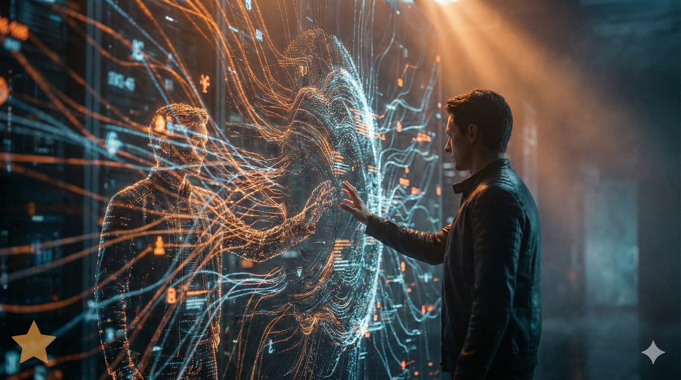 An image of a man in a dark leather jacket standing in front of a large, transparent screen displaying complex networks of glowing orange and blue data lines and nodes. He is touching the screen with his right hand, and his reflection on the surface is rendered as a digital avatar made of the same glowing data points, mirroring his action. The background is a blurred server room, with warm orange light filtering from above. The composition is cinematic, focusing on the interaction between the man and his digital twin. An image of a man in a dark leather jacket standing in front of a large, transparent screen displaying complex networks of glowing orange and blue data lines and nodes. He is touching the screen with his right hand, and his reflection on the surface is rendered as a digital avatar made of the same glowing data points, mirroring his action. The background is a blurred server room, with warm orange light filtering from above. The composition is cinematic, focusing on the interaction between the man and his digital twin.