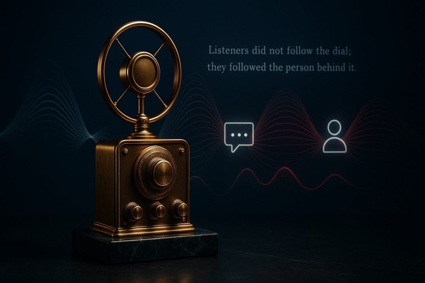 Golden vintage radio transmitter with modern attention-wave graphics and communication icons behind it. Golden vintage radio transmitter with modern attention-wave graphics and communication icons behind it.