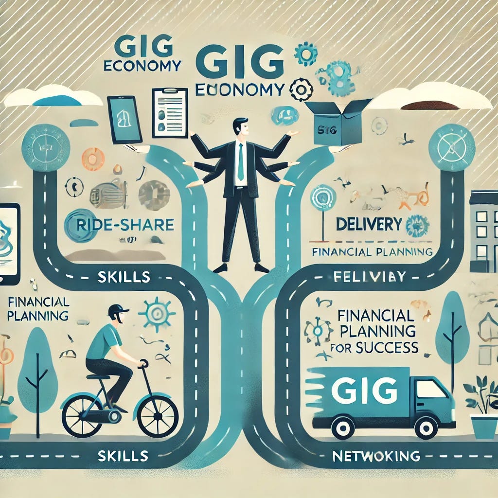 A clean and professional illustration depicting the gig economy's evolving landscape and strategies for success. One image features a person juggling multiple gig economy tools and symbols (ride-share app, laptop, delivery box), representing adaptability and freedom. The second image shows a path leading to success, marked by milestones like 'Skills,' 'Financial Planning,' and 'Networking,' with a gig worker confidently navigating it. Use a modern design with a palette of blues, greens, and warm neutrals to evoke opportunity and empowerment.
