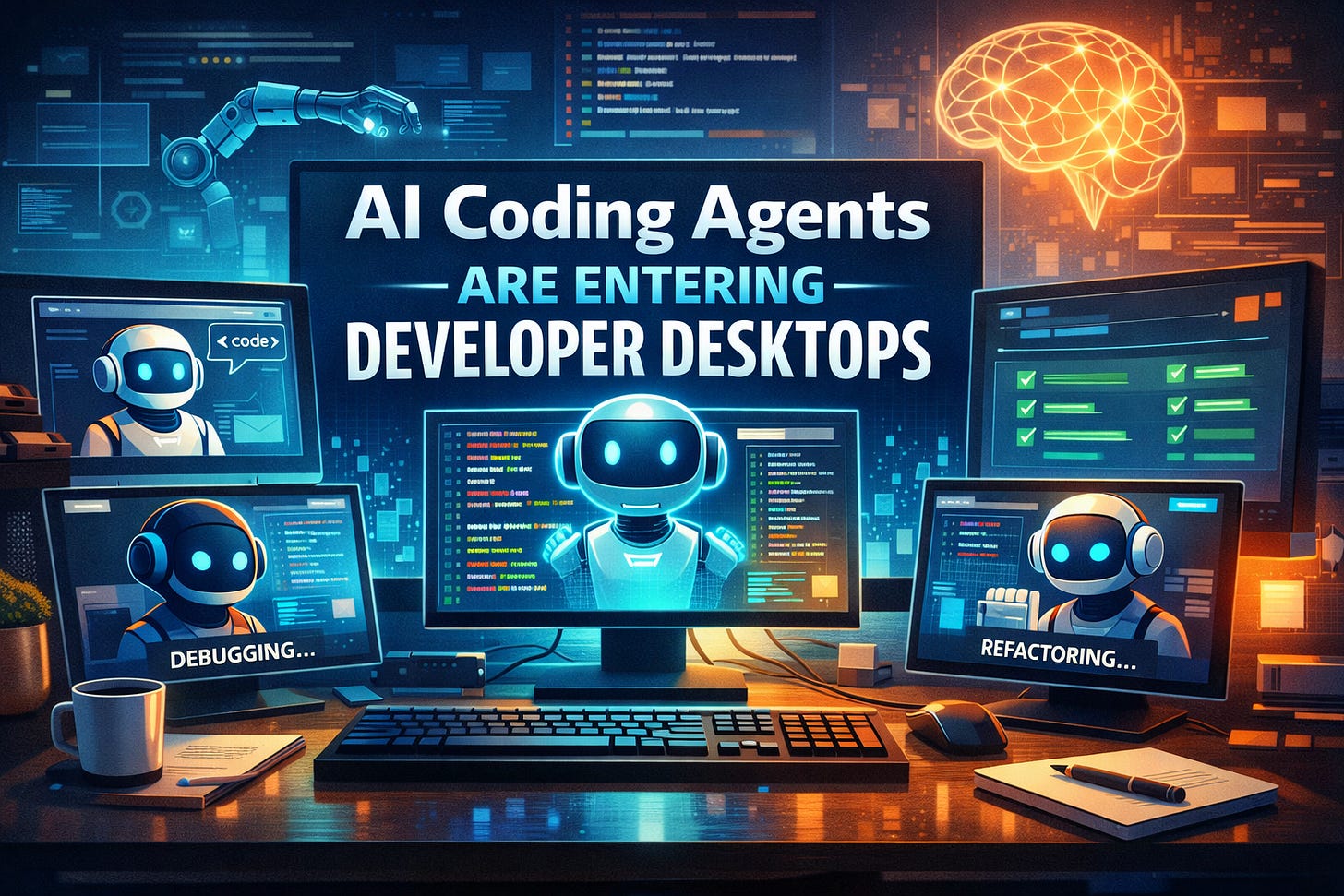 AI coding agents integrated into developer desktop environments helping automate coding, debugging, and testing workflows AI coding agents integrated into developer desktop environments helping automate coding, debugging, and testing workflows